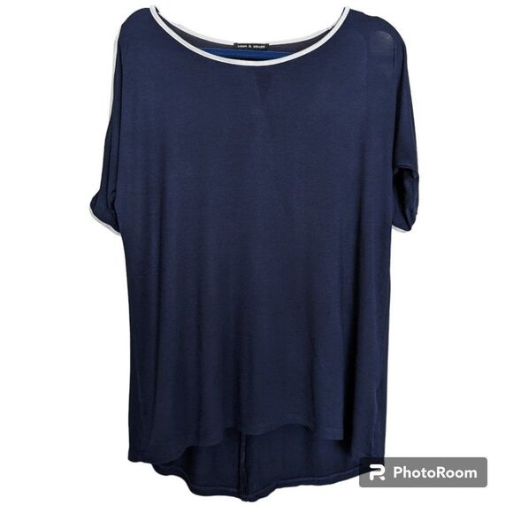 CABLE & GAUGE Cold Shoulder Short Sleeve Knit Top, Navy with White Trim, Size L - Picture 1 of 6